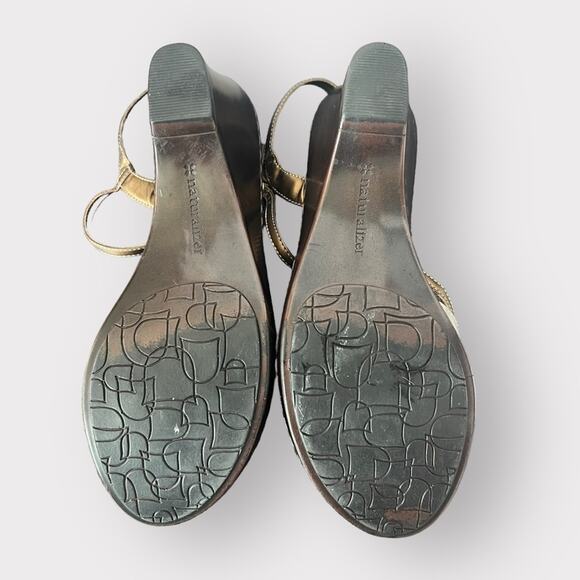Naturalizer | Strappy Brown‎ Gold Bronze Leather Wedge Sandals Heel size 9.5 - Picture 4 of 9